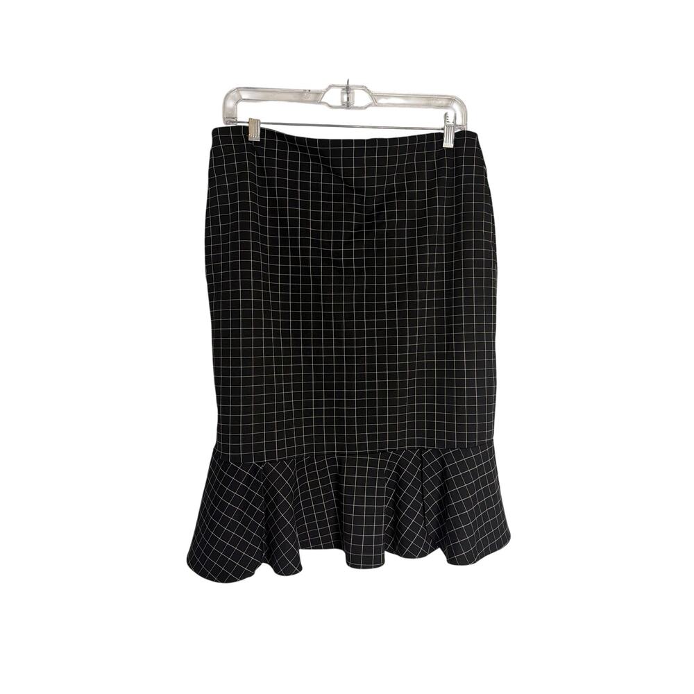 Calvin Klein Windowpane Plaid Flounce Hem Trumpet Skirt Black White 10